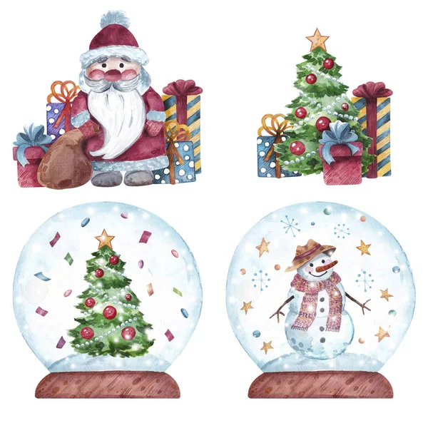 Akvarelová Sada Sněhových Koulí Kompozic Novoroční Ilustrace Vánočním Stromečkem Sněhulákem — Stock fotografie