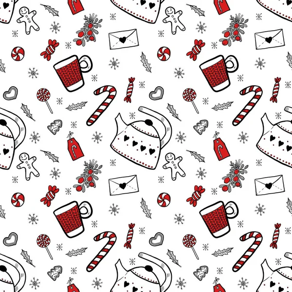 Patrón Navidad Sin Costuras Monocromo Con Acentos Rojos Dibujo Digital —  Fotos de Stock