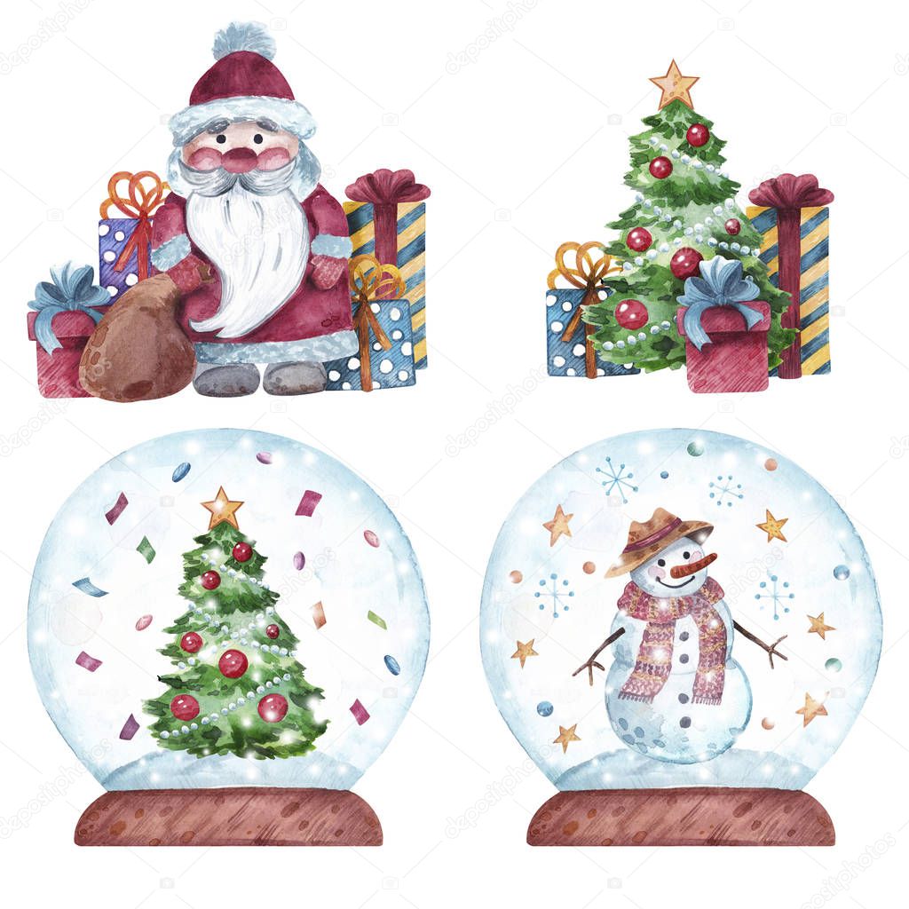 Watercolor set of a snow globes and compositions. New Year's illustration with Christmas tree, snowman and Santa for postcards, decor, print and other purposes. 
