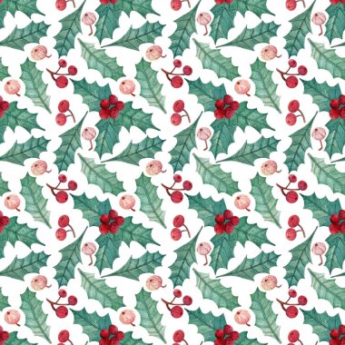 Noel botanik suluboya. Holly ile kusursuz desen, kartpostallar için yapraklar ve böğürtlenler, hatıra defteri, ambalaj kağıdı, kumaşlar ve daha fazlası. Parlak Noel arkaplanı.