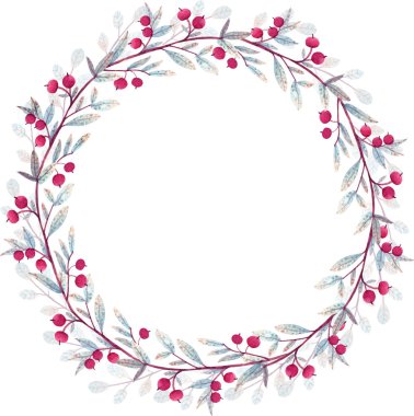 Suluboya Noel çerçevesi. Davetiye, tebrik kartı, blog tasarımı ve diğer amaçlar için kış bitkileriyle el çizimi Noel çelengi. 