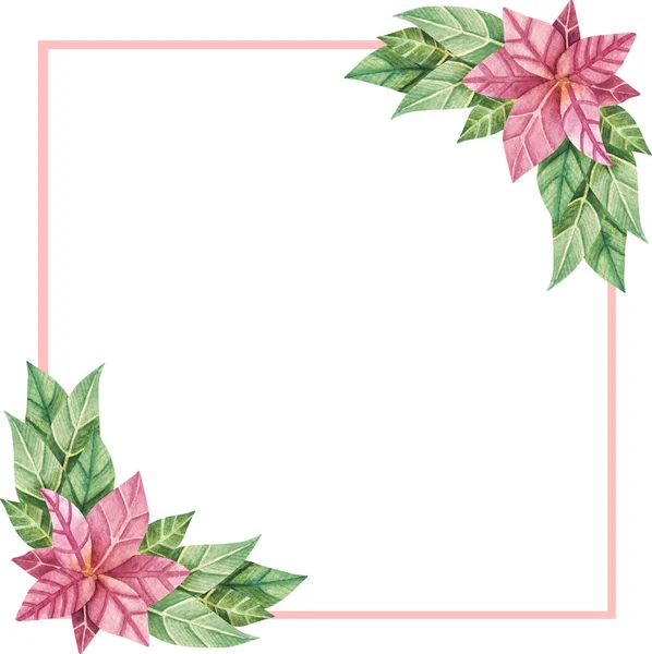 Watercolor Christmas Frame Hand Drawn Christmas Border Winter Poinsettia Invitation — Stock Photo, Image