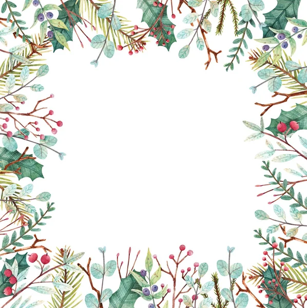 Watercolor Christmas Frame Hand Drawn Christmas Border Winter Plants Invitation — Stock Photo, Image