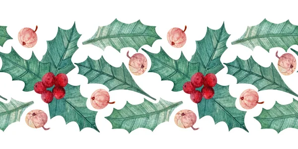Noel botanik suluboya. Holly 'li kusursuz kurdele, kartpostallar için yapraklar ve böğürtlenler, hatıra defteri, ambalaj kağıdı, kumaşlar ve daha fazlası. Parlak Noel arkaplanı.