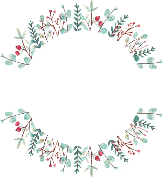 水彩クリスマスのフレーム 冬の植物と手描きのクリスマスリース招待状 グリーティングカード ブログデザインやその他の目的のために — ストック写真