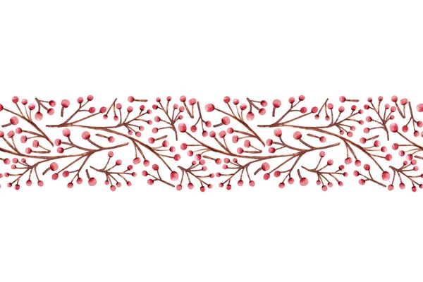 Різдвяний Ботанічний Акварель Безшовна Стрічка Гілками Ягодами Листівок Скрапбукінгу Обгорткового — стокове фото