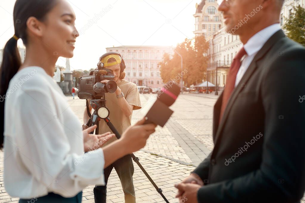 Now you know. Female journalist interviewing politician. Journalism industry, live streaming concept.