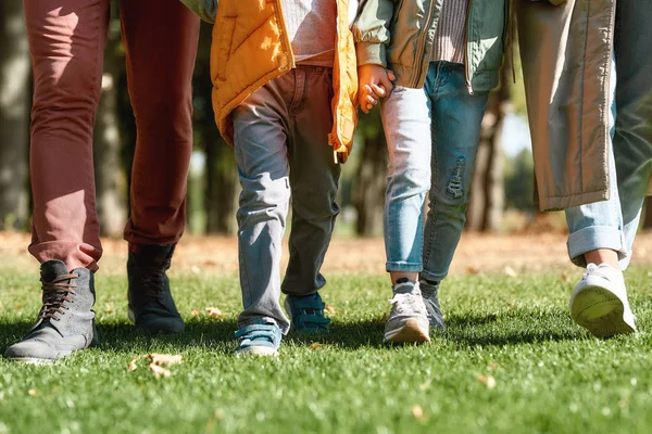 Tiempo en familia. Foto recortada de una familia cogida de la mano mientras caminan juntos en el parque —  Fotos de Stock