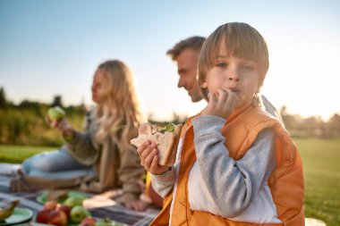 Yemek zamanı. Mutlu aile güneşli bir günde parkta vakit geçiriyor.