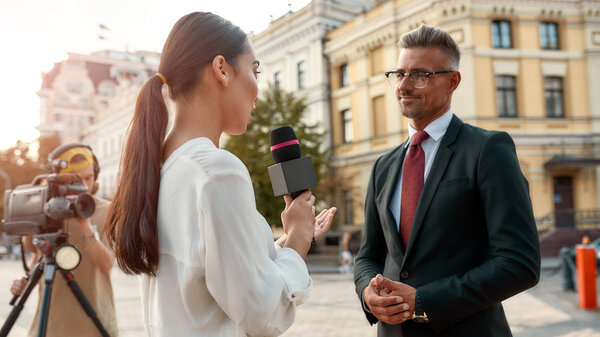 Seek the truth. Female journalist interviewing politician. Journalism industry, live streaming concept.