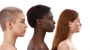 Üç güzel çok kültürlü genç kadının profil portresi. Beyaz arka planda stüdyoda poz veren iki beyaz ve Afrikalı yarı çıplak kadın. Etnik ten tipleri