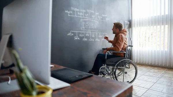 Portret van een jonge mannelijke professionele ontwerper in een rolstoel die iets schrijft op een grote schoolmuur terwijl hij in een modern kantoor werkt — Stockfoto
