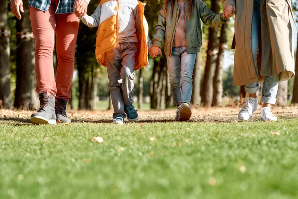 Super journée en famille. Photo recadrée d'une famille tenant la main tout en marchant ensemble dans le parc — Photo