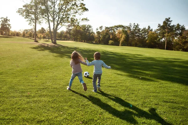 Un fin de semana relajante. Dos niños jugando con una pelota en el prado — Foto de Stock