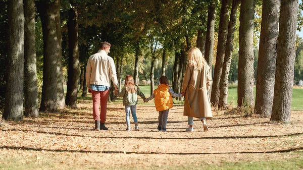 Tijd doorbrengen in de natuur. Achteraanzicht van een familie die elkaars hand vasthoudt en in het park loopt — Stockfoto