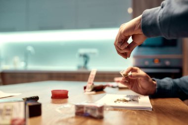 Süreç. Erkek ellerine marihuana sigarası ya da evde esrar yaparken yakın çekim. Marihuana aletleri masada. Esrar ve ot yasallaştırma kavramı