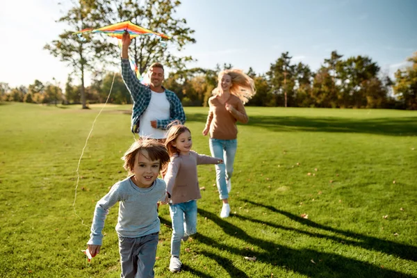 No hay palabras para describir lo especiales que son los niños. Familia feliz jugando una cometa. Fin de semana familiar —  Fotos de Stock