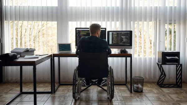 Achteraanzicht van een mannelijke webontwikkelaar in een rolstoel die programmacode schrijft op meerdere computerschermen terwijl hij op zijn werkplek in het moderne kantoor zit — Stockfoto