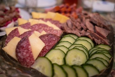 Beautiful sliced meat, sausage, cheese and cucumber on a plate close-up, followed by a smooth, fading blu