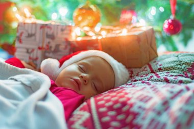 Noel ağacının yanında uyuyan sevimli küçük bebek kız