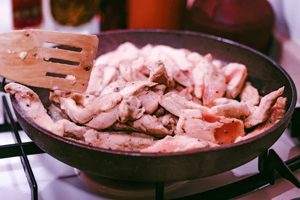 Cooking chicken fillet on frying pan — Stock Photo, Image
