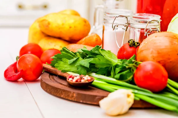 Ingredients for cooking borscht, Russian beet soup — Stock Photo, Image