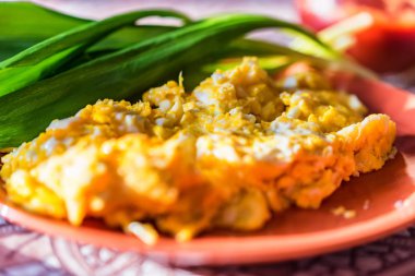 Omlet plaka üzerinde yeşil pırasa ile kapatmak