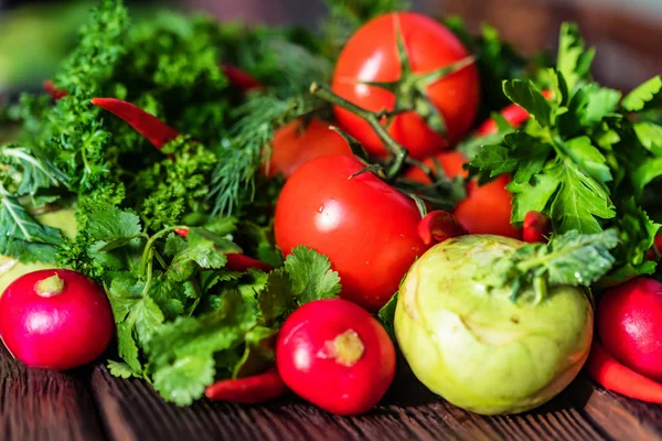 Färska grönsaker och örter på träbord — Stockfoto