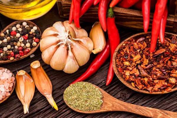 Composition with chili pepper and various spices — Stock Photo, Image