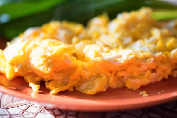 Scrambled eggs with green leek on plate close — Stock Photo, Image