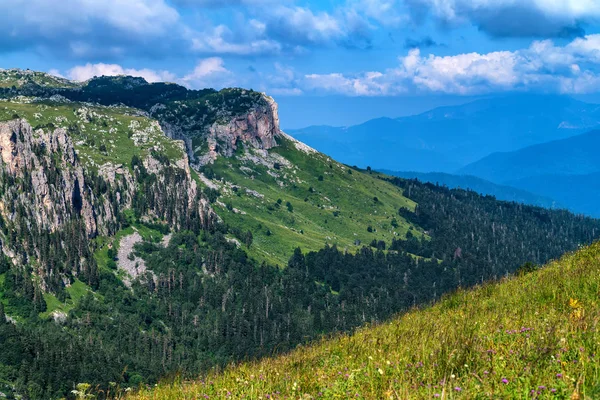 Berglandskap med klippor och skog — Stockfoto