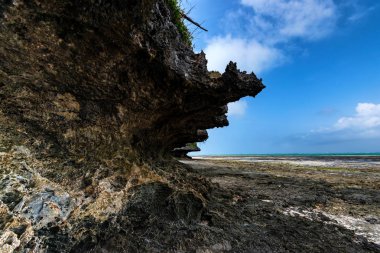 Düşük tide Zanzibar ve mavi gökyüzü plajda