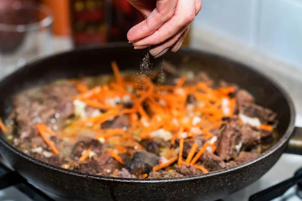 Hand adds salt to beef stew close — Stock Photo, Image