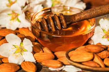 Bal badem, fındık ve beyaz çiçekler kapatın