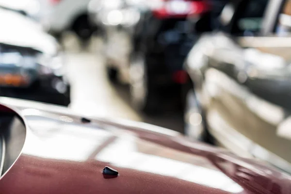 Nuevos coches en la sala de exposición distribuidor fondo borroso — Foto de Stock