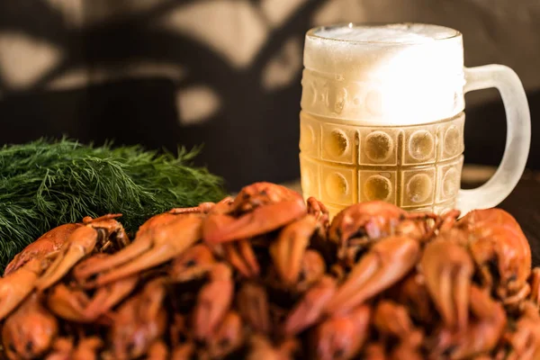 木製の背景にビールと茹でザリガニ — ストック写真