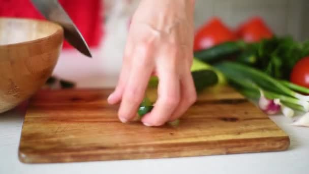 Gurken auf Holzbrettern hacken. Suppe kochen — Stockvideo