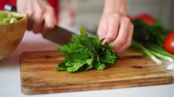 Chopping parsley on wooden board. Cooking soup — Stockvideo