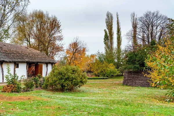 Buitenaanzicht van kleine traditionele kozak hut en tuin — Stockfoto
