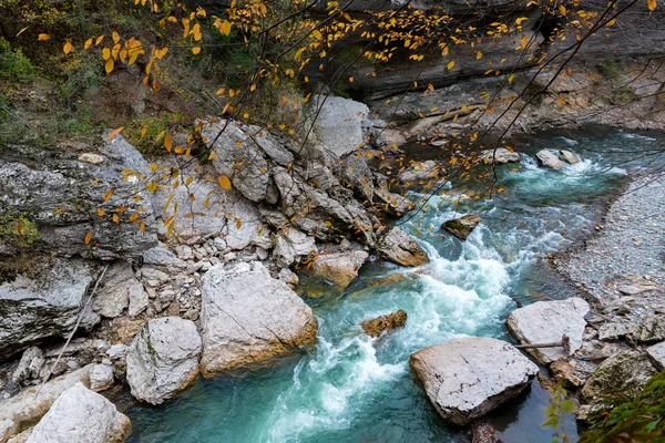 Paesaggio d'autunno con fiume di montagna stretto rapido con acqua pulita — Foto Stock