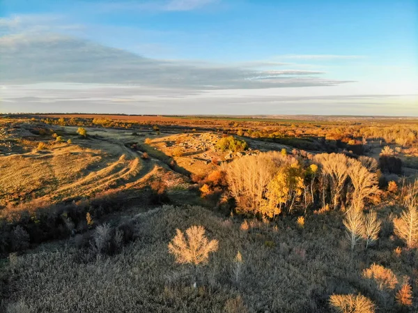 Panoramic view of bright autumn steppe nature taken by drone — Stock Photo, Image