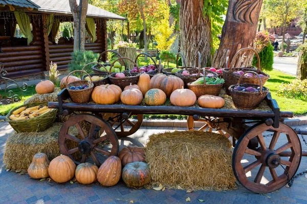 Carro de madera decorativo de calabazas al aire libre. Concepto de Halloween o Acción de Gracias — Foto de Stock