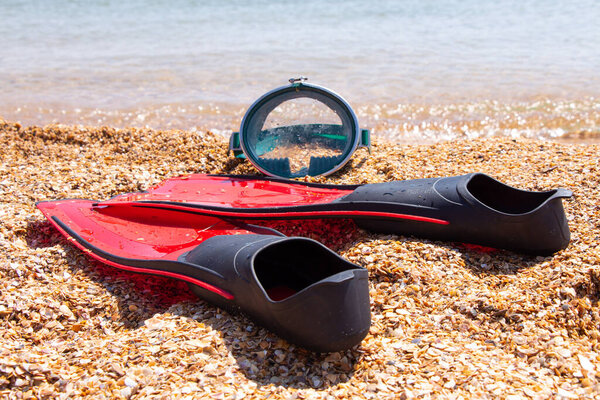 Красные ласты и маска лежат на песке у моря
.