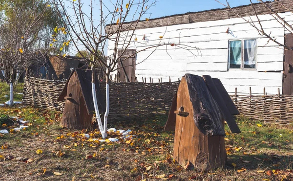 Stup de albine de epocă. Casa pentru albine este făcută din bușteni . — Fotografie, imagine de stoc