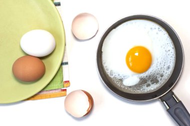 Tavada yumurta, bulaşık havlusu ve beyaz arka planda haşlanmış yumurta..