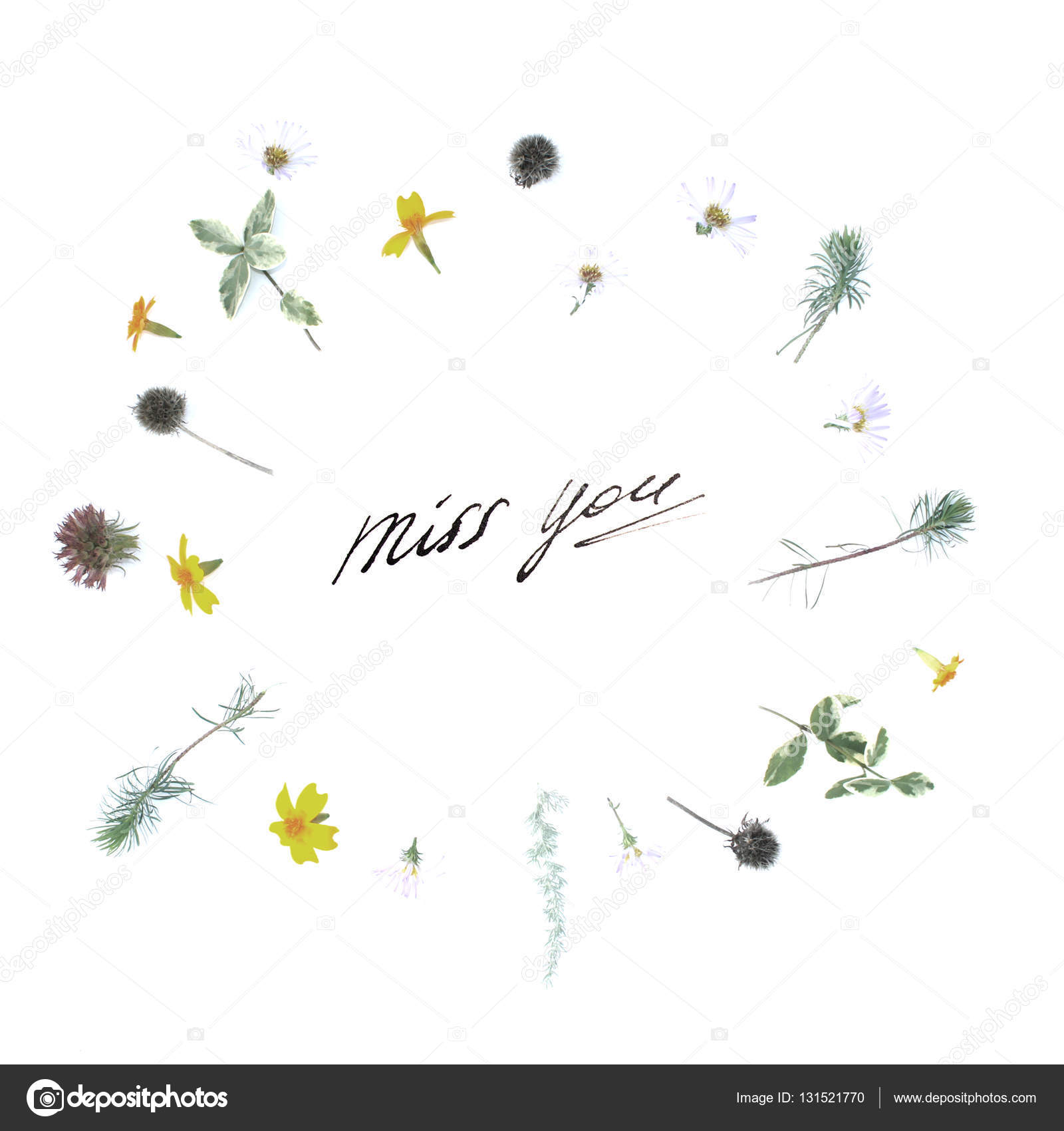 Frame Of Flowers And Leaves With A Note Saying Miss You In The Frame Of Flowers And Leaves With A Note Saying Miss You In The Middle White Background Flat Lay Top View Photo By