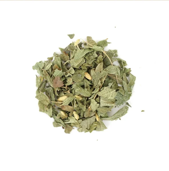 Herb for sleep and lucid dreaming. It is used to predict the future. Treats the gastrointestinal tract. febrifuge. Grows in Central America. it can be smoke or drink in tea. Calea zacatechichi. top view. close-up. A handful on a white background.
