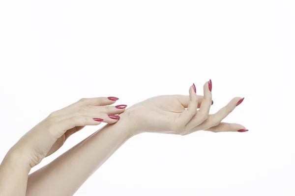Elegante Vrouwelijke Handen Met Rode Roze Nagels — Stockfoto