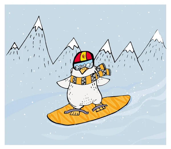 Pinguïn Een Snowboard Bergen Sport — Stockvector