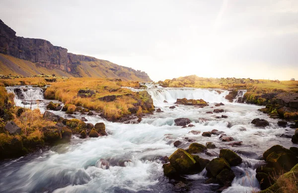 Larga Exposición Una Colorida Puesta Sol Sur Islandia — Foto de Stock